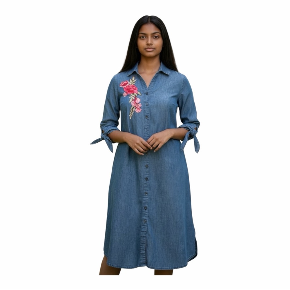 Millie Gabrielle Embroidered Denim Shirt Dress Button Front Midi Dress - Picture 2 of 5